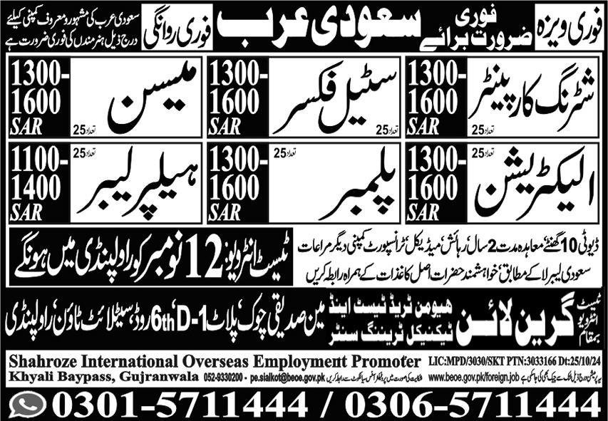 Plumber And Mason Jobs in Saudia Arabia 2024 – Green Line Human Resource Manpower Jobs 2024 — original advertisement