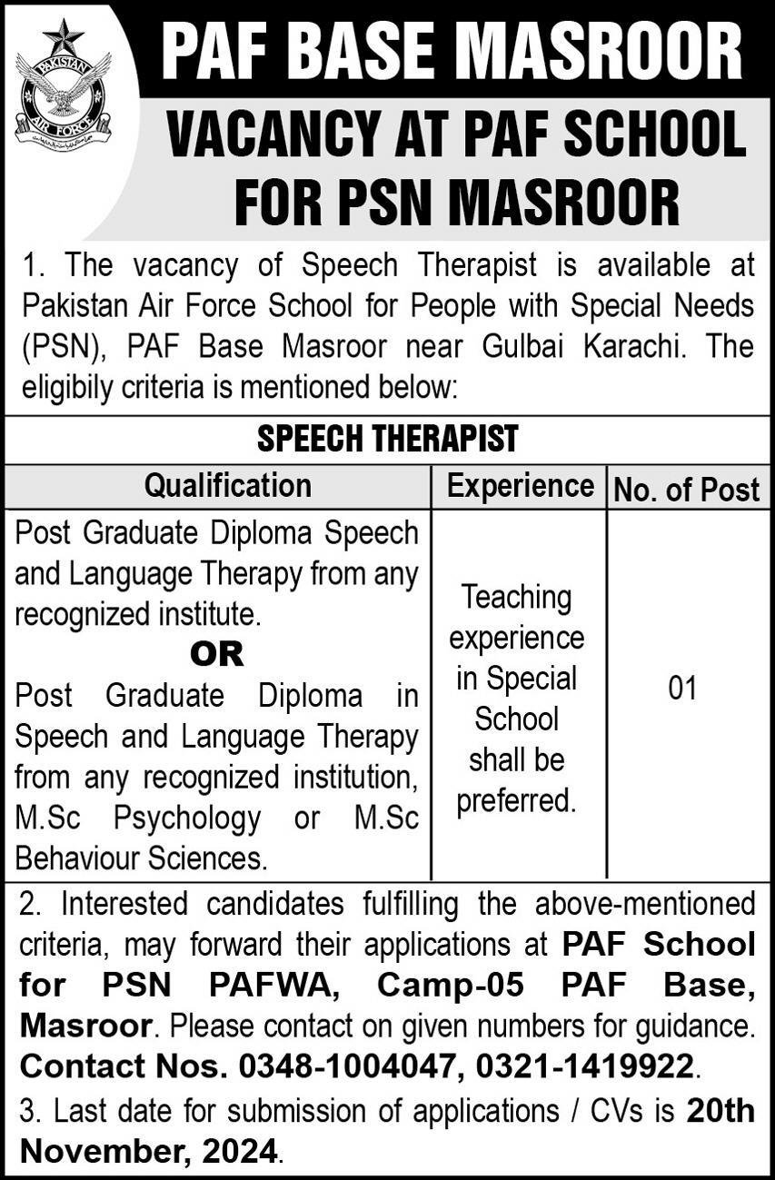 PAF Base Masroor Speech Therapist Jobs 2024 – Pakistan Air Force Jobs 2024 — original advertisement
