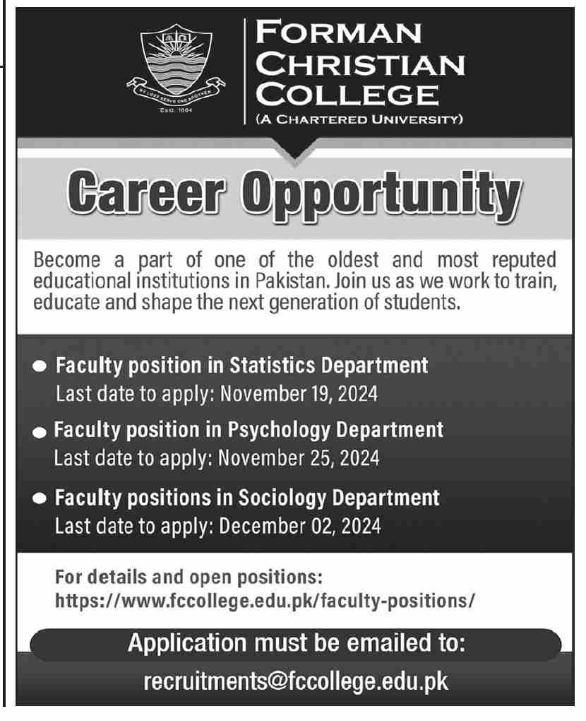 Forman Christian College Karachi Jobs 2024 – Forman Christian College Lahore Jobs 2024 — original advertisement