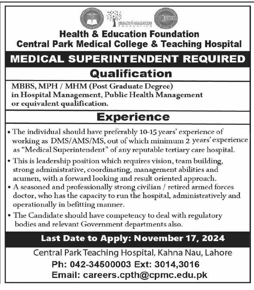 Central Park Teaching Hospital Lahore Job 2024 – Central Park Medical College & Teaching Hospital Jobs 2024 — original advertisement