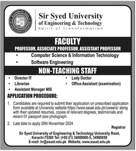 Sir Syed Univeristy of Engineering & Technology Jobs 2024 – Sir Syed CASE Institute of Technology Jobs 2024 — original advertisement
