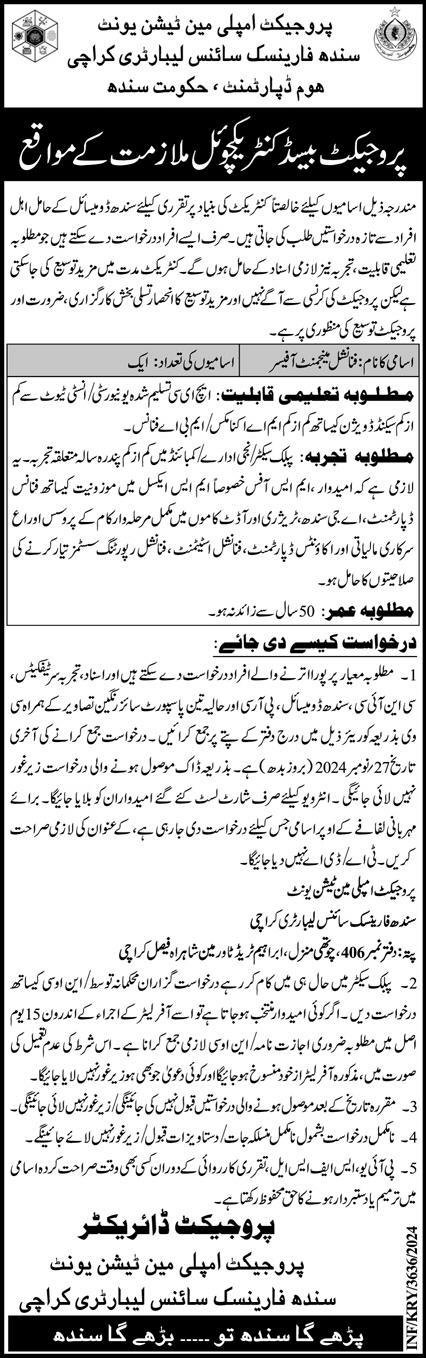 Sindh Forensic Science Laboratory Karachi Jobs 2024 – Govt of Sindh Jobs 2024 — original advertisement