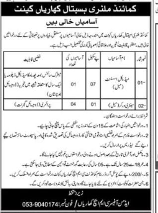 Commandant Military Hospital Kharian Cantt Jobs 2024 – Combined Military Hospital CMH Jobs 2024 — original advertisement