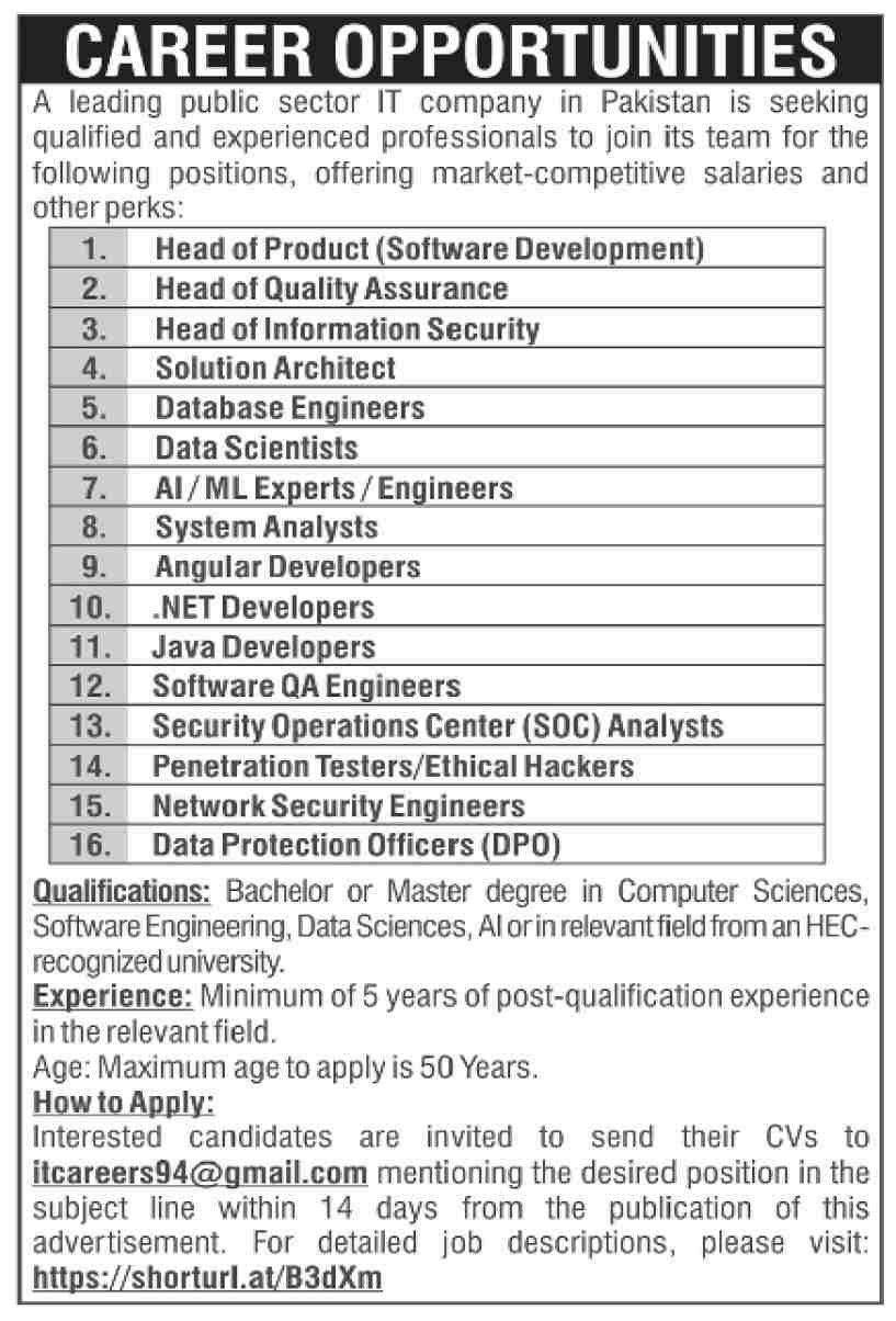 Leading Public Sector It Company Isamabad Jobs 2024 – Private Company Jobs 2024 — original advertisement
