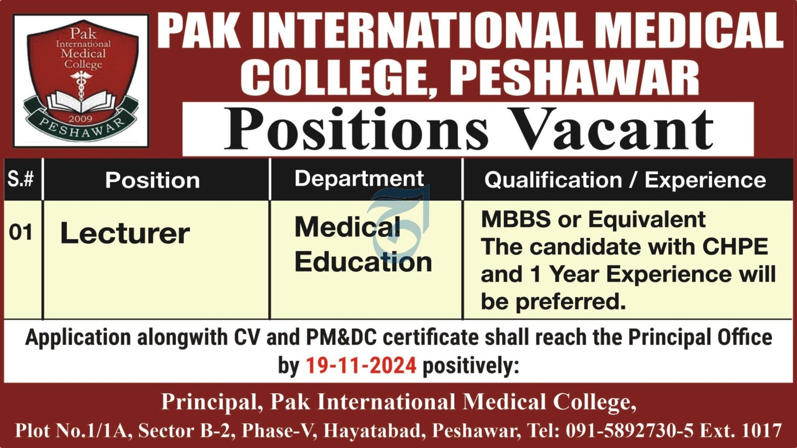 Pak International Medical College Peshawar Jobs 2024 Jobs 2024 — original advertisement