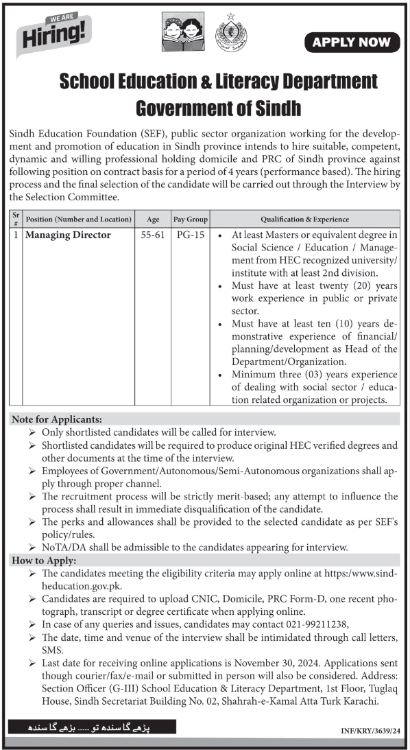 School Education & Literacy Department Sindh Jobs 2024 Jobs 2024 — original advertisement