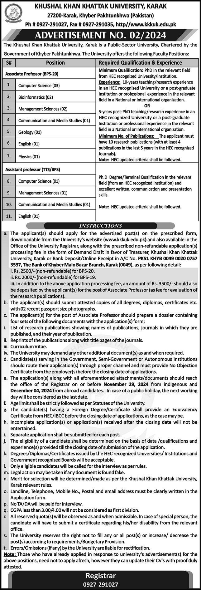 Khushal Khan Khattak University Jobs 2024 – Khushal Khan Khattak University karak Jobs 2024 — original advertisement