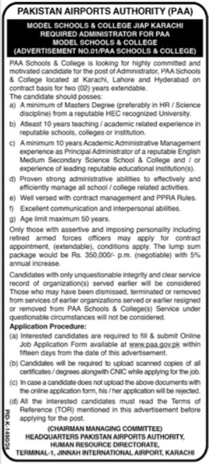 PAA Model Schools & Colleges Jobs 2024 – Pakistan Airports Authority PAA Jobs 2024 — original advertisement
