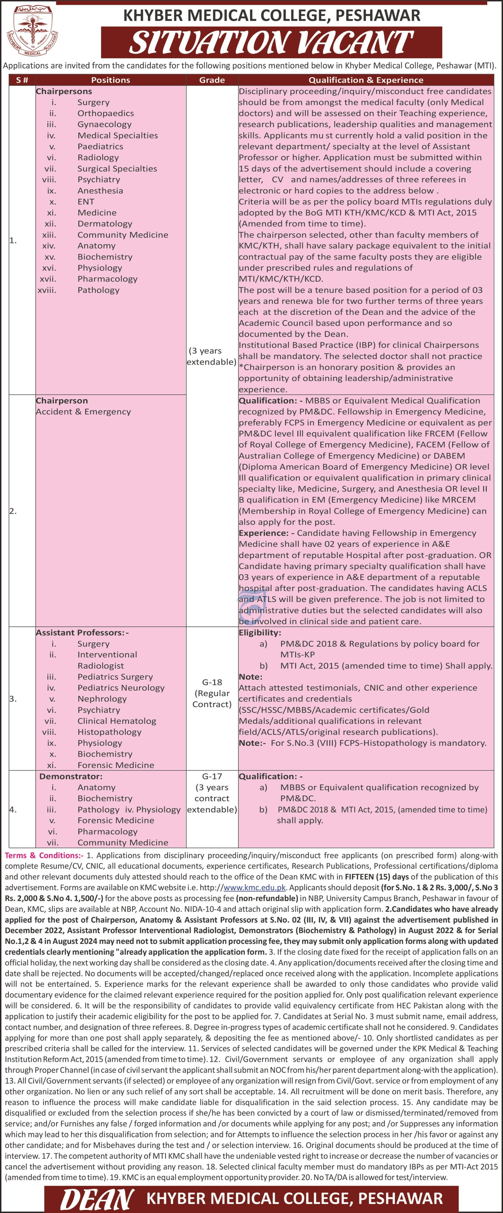 Khyber Medical College KMC Peshawar Jobs 2024 Jobs 2024 — original advertisement