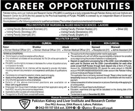 Pakistan Kidney And Liver Institute PKLI Lahore Jobs 2024 – Pakistan Kidney And Liver Institute (PKLI) And Research Centre Lahore Jobs 2024 — original advertisement