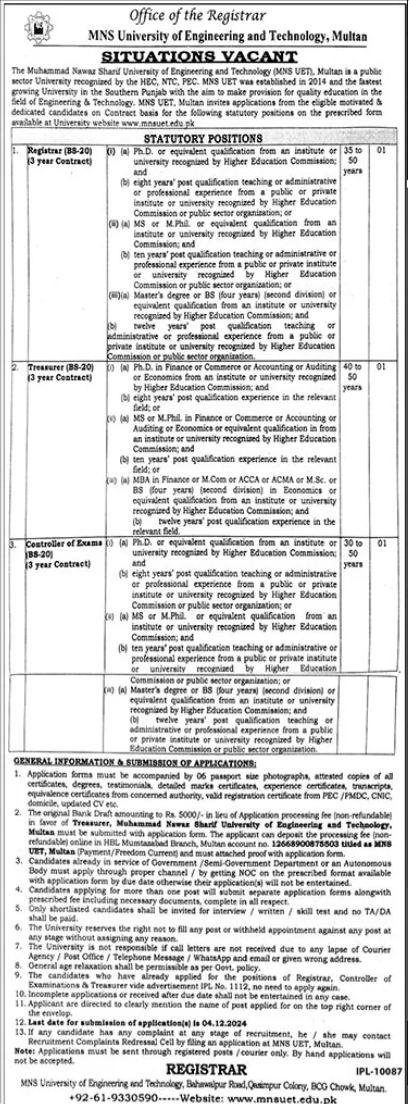 MNS University Of Engineering & Technology Multan Jobs 2024 – MNS-University of Agriculture, Multan. Jobs 2024 — original advertisement