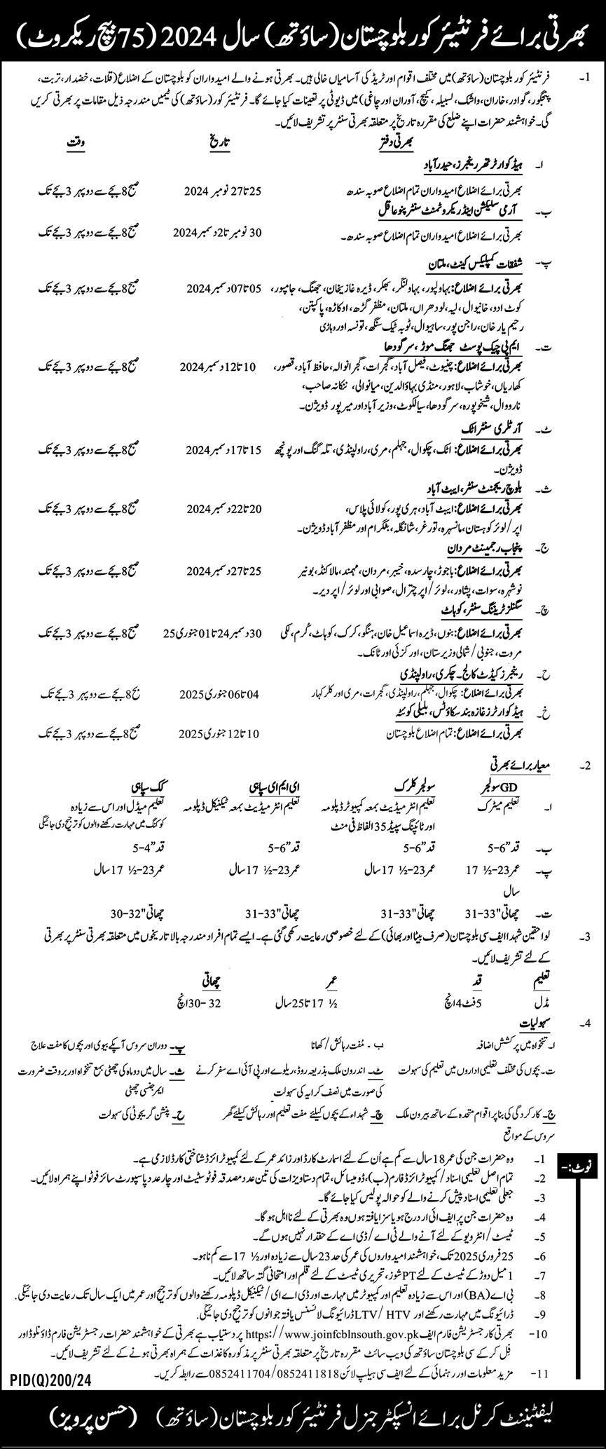 Frontier Core Balochistan South 75 Batch Jobs 2025 – Frontier Corps (South) Balochistan Jobs 2024 — original advertisement
