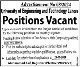 University Of Engineering & Technology UET Lahore Jobs 2024 – University of Engineering  & Technology Lahore Jobs 2024 — original advertisement