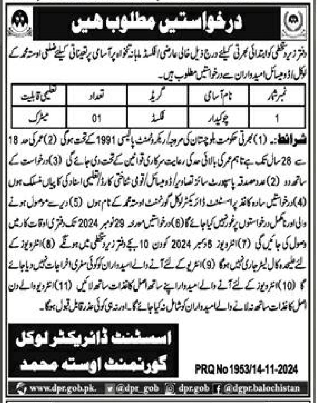 Local Government Usta Muhammad Jobs 2024 – Local Government and Rural Development Department Balochistan Jobs 2024 — original advertisement