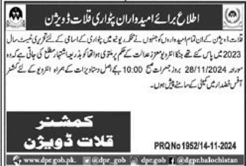 Revenue Department Kalat Division Patwari Interview 2024 – Revenue Department Balochistan Jobs 2024 — original advertisement