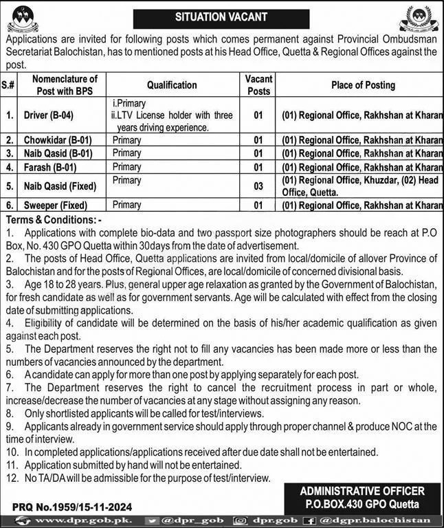 Provincial Ombudsman Secretriat Balochistan Jobs 2024 – Provincial Ombudsman Mohtasib Secretariat Balochistan Jobs 2024 — original advertisement