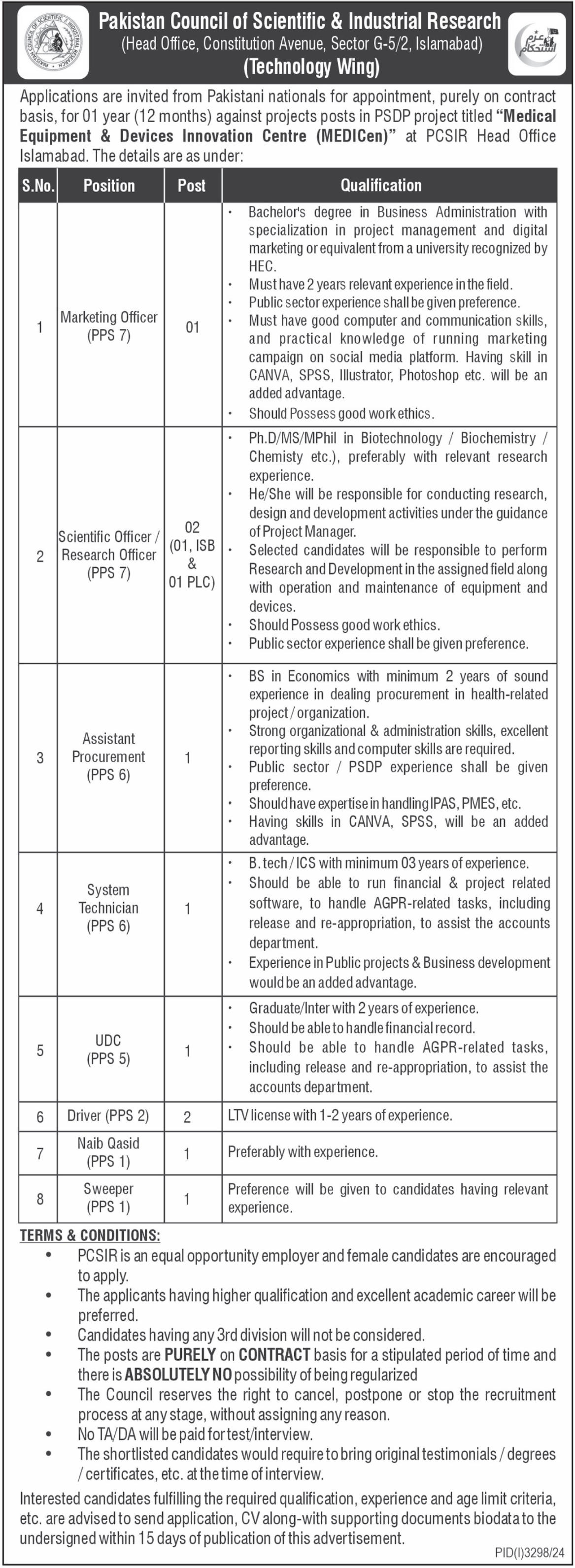 Pakistan Council Scientific Islamabad PCSIR Jobs 2024 – Pakistan Council of Scientific and Industrial Research Jobs 2024 — original advertisement