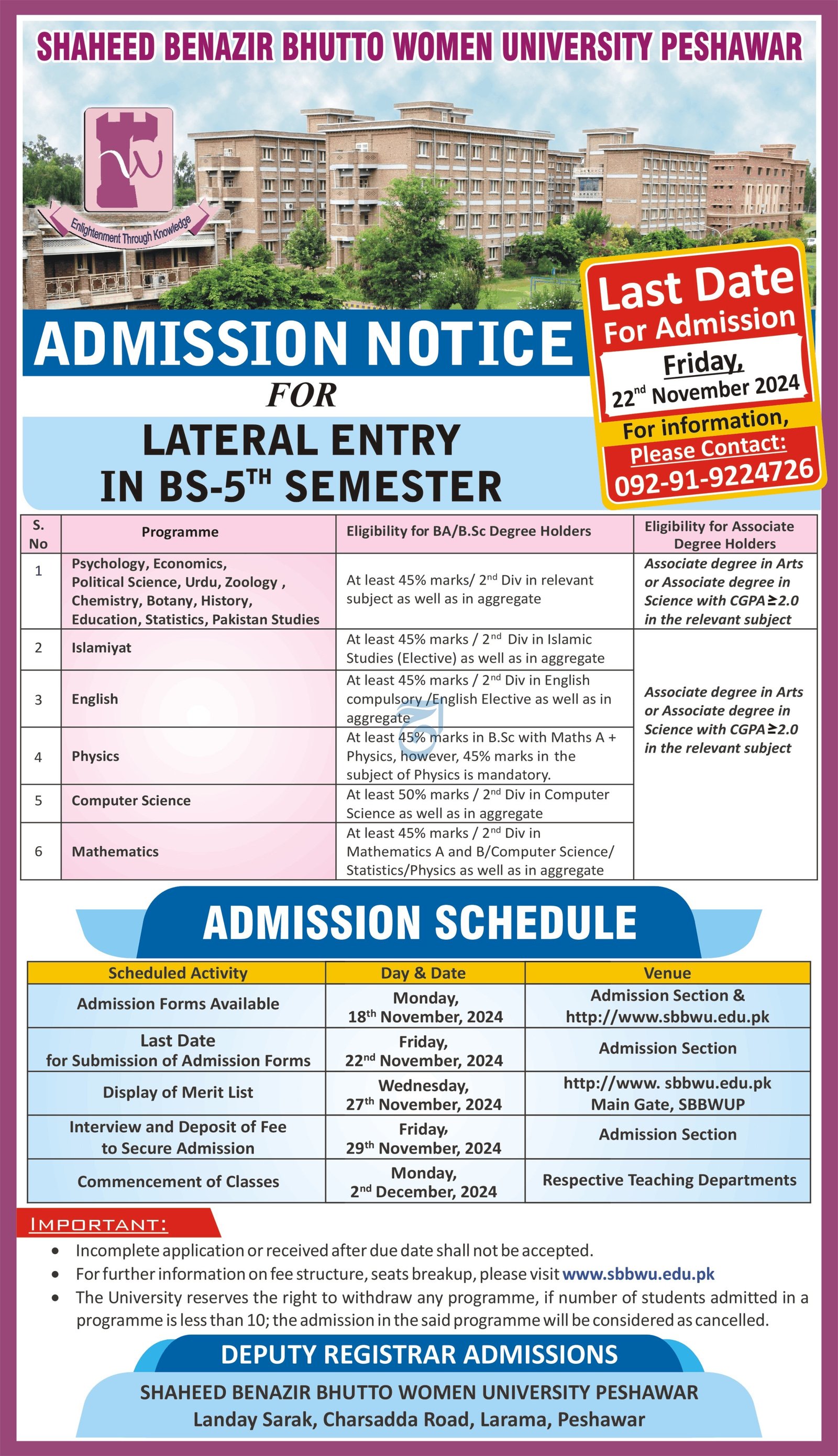 Admission Open in Shaheed Benazir Bhutto Women University – Shaheed Benazir Bhutto Women University Peshawar Admissions 2024 — original advertisement