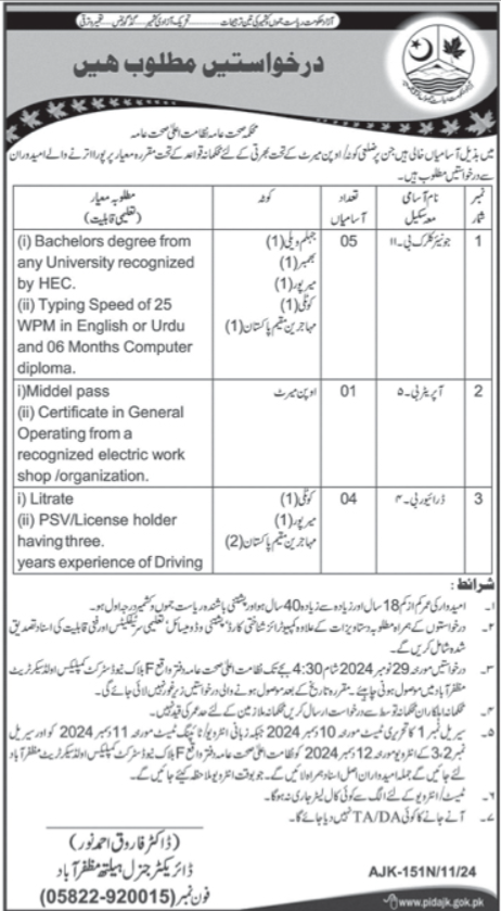 Health Department Muzaffarabad Jobs 2024 – Health Department Azad Jammu Kashmir Jobs 2024 — original advertisement