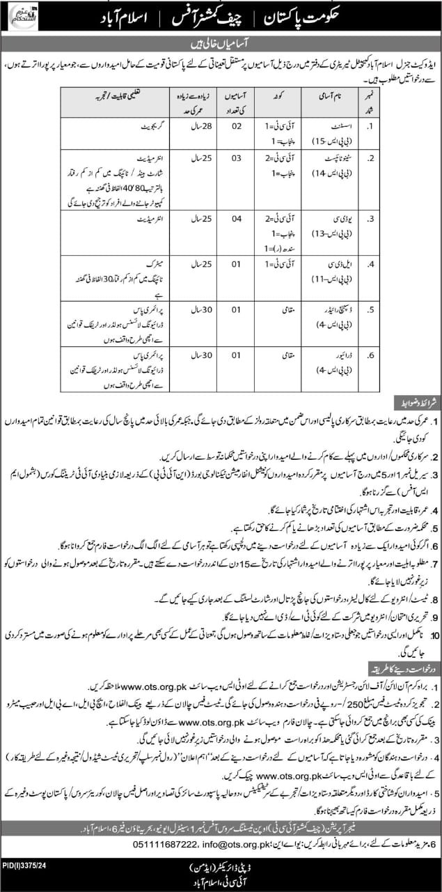 Chief Election Commission office Islamabad Jobs 2024 – Election Commission of Pakistan (ECP) Islamabad Jobs 2024 — original advertisement
