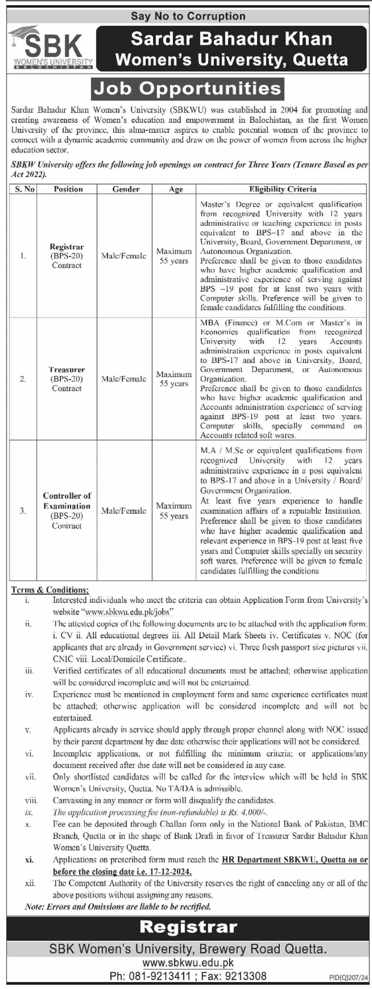 Sardar Bahadur Khan Women University SBKWU Jobs 2024 – Sardar Bahadur Khan Women's University Quetta Jobs 2024 — original advertisement