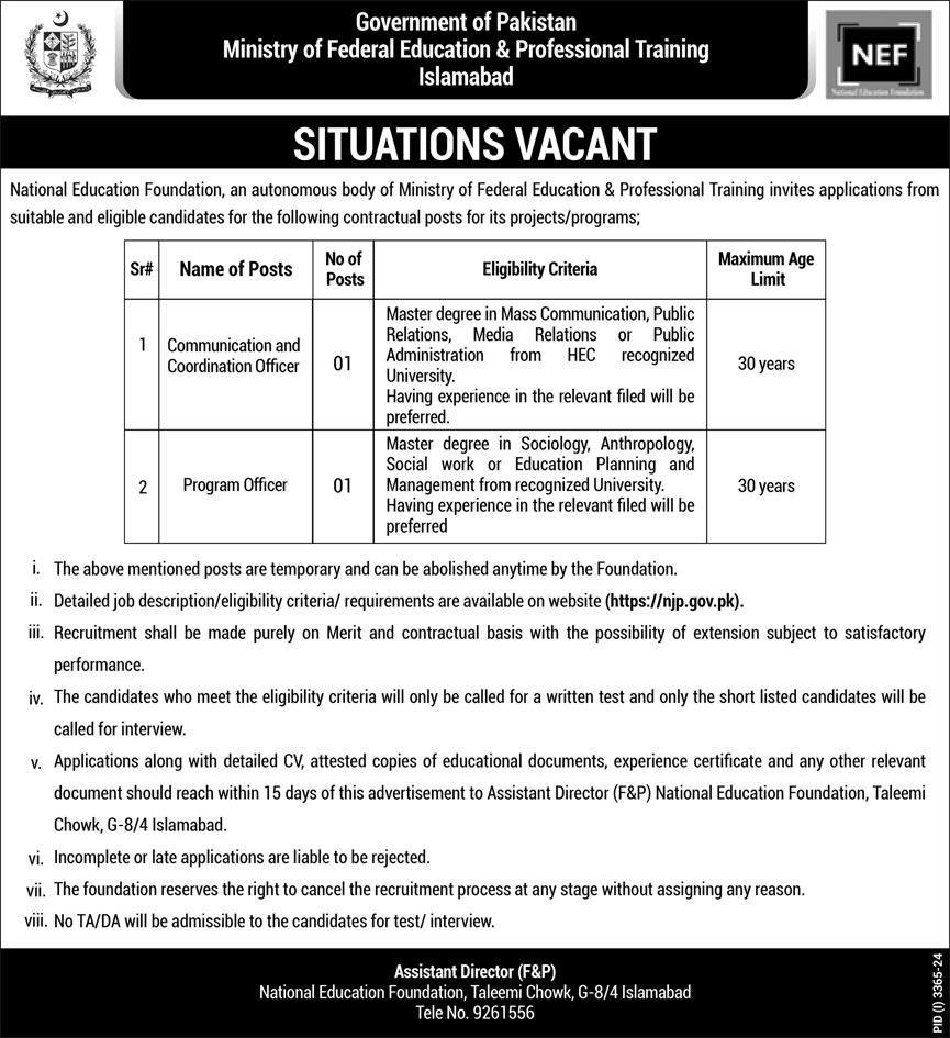 Ministry Of Federal Education Islamabad Jobs 2024 – Ministry of Federal Education and Professional Training Jobs 2024 — original advertisement