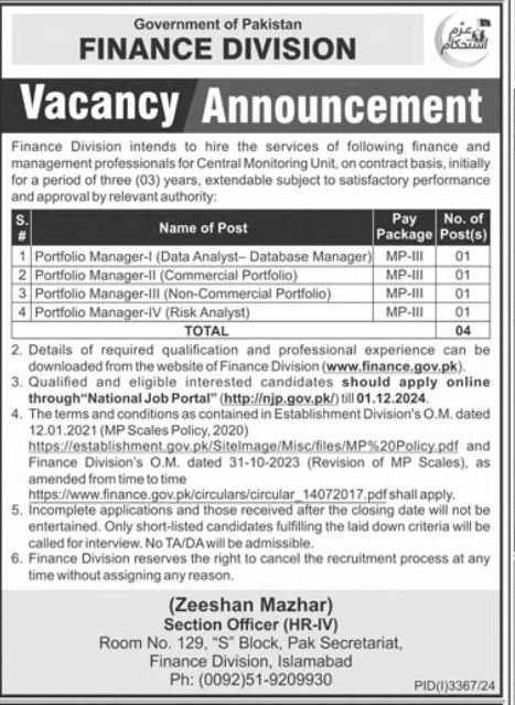 Finance Division Islamabad Jobs 2024 Jobs 2024 — original advertisement