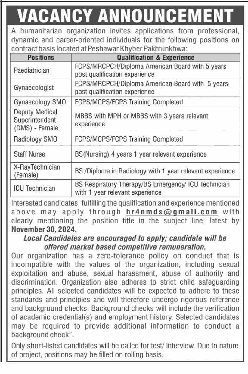 Humanitarian Organization Wana Khyber Pakhtunkhwa Jobs 2024 – Public Sector Organization Jobs 2024 — original advertisement