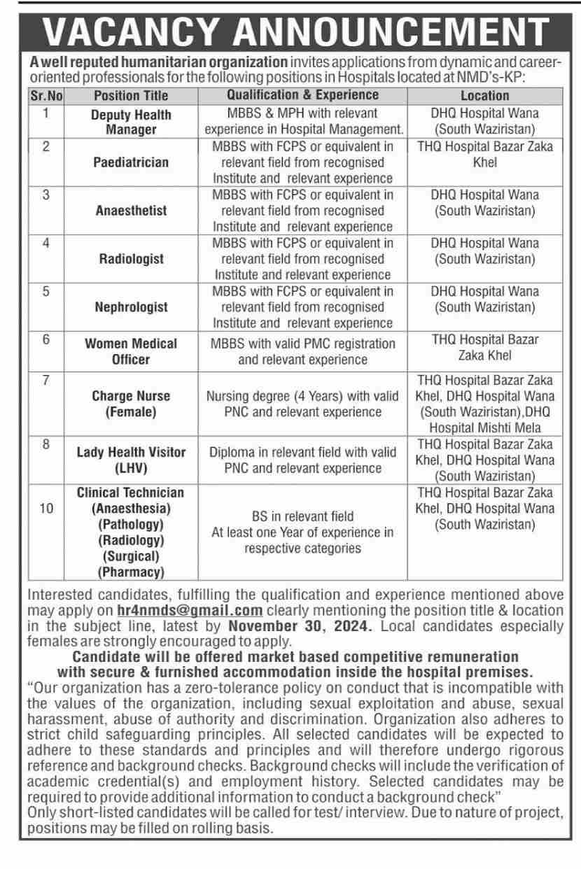 Humanitarian Organization Peshawar Jobs 2024 – Public Sector Organization Jobs 2024 — original advertisement