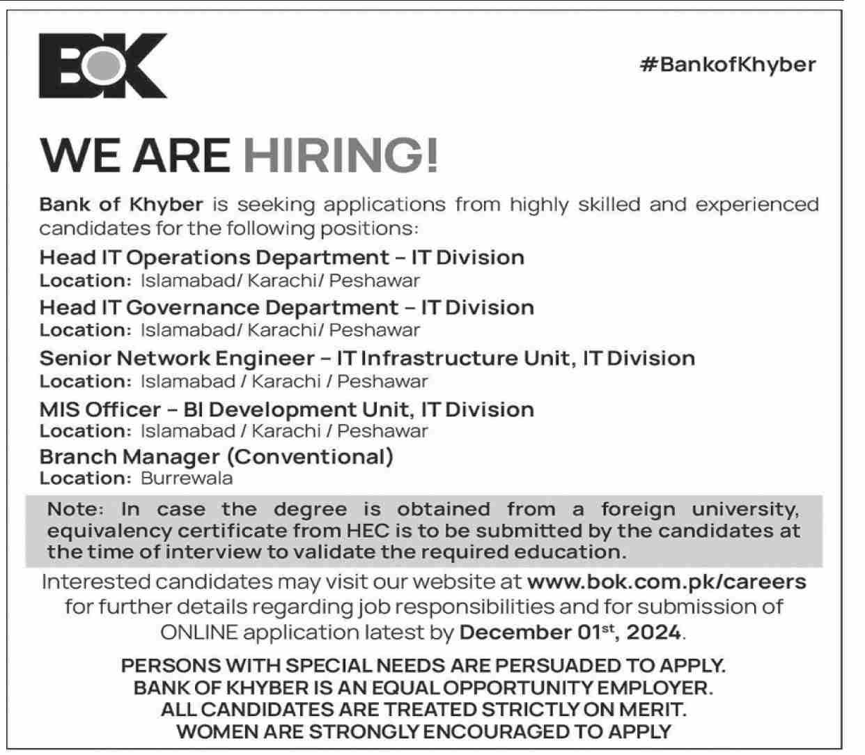 The Bank Of Khyber BOK Karachi Jobs 2024 Jobs 2024 — original advertisement