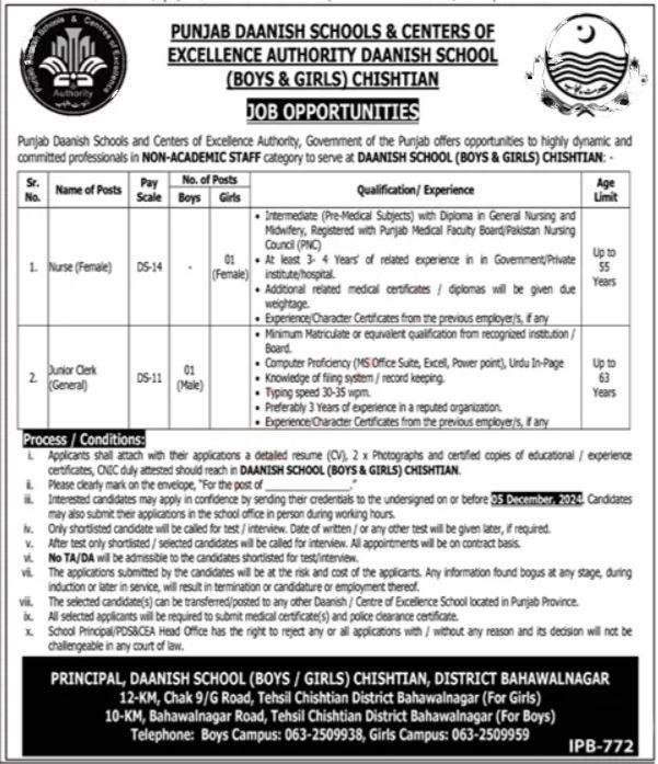 Punjab Daanish Schools Chishtian Jobs 2024 Jobs 2024 — original advertisement