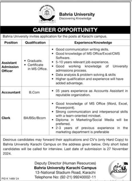 Admission Open in Bahria University Islamabad Campus 2024 Admissions 2024 — original advertisement