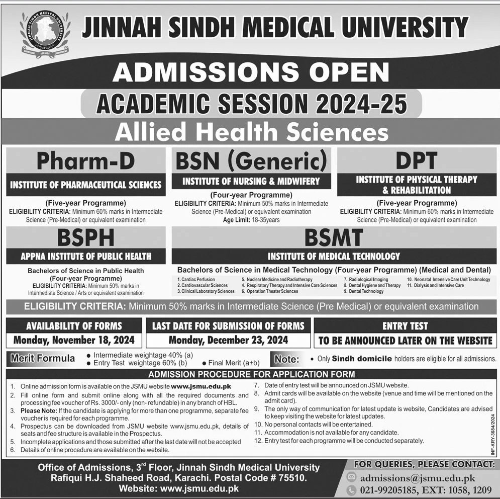 Admission Open in Jinnah Sindh Medical University 2024 – Jinnah Sindh Medical University Karachi Admissions 2024 — original advertisement