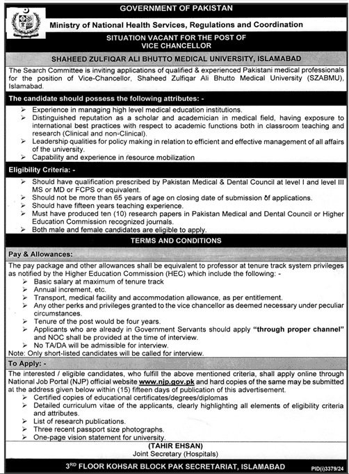 Shaheed Zulifqar Ali Bhutto Medical University Jobs 2024 – Shaheed Zulfiqar Ali Bhutto Medical University Islamabad Jobs 2024 — original advertisement