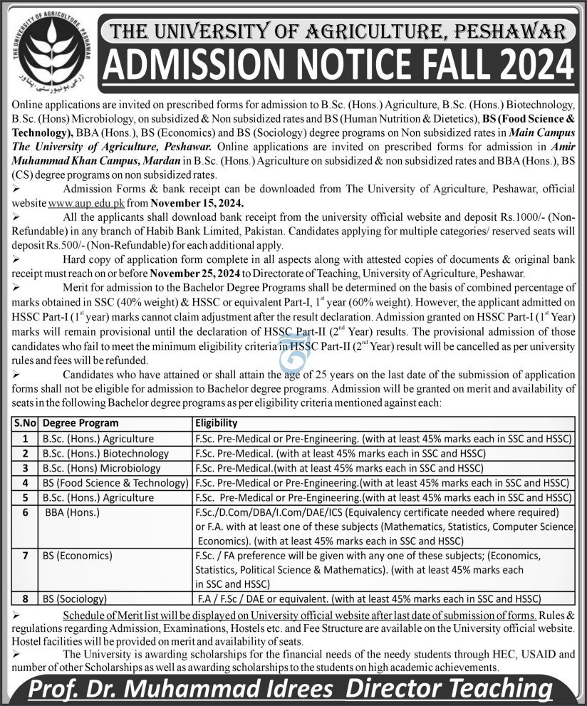 Admission Open in University of Agriculture Peshawar 2024 – University of Agriculture, Peshawar Admissions 2024 — original advertisement
