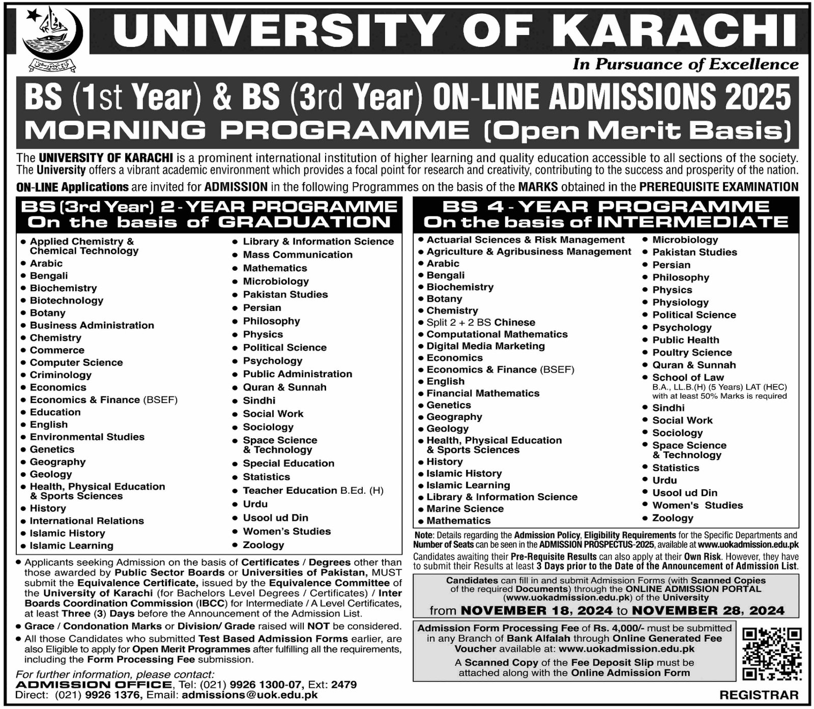 Admission Open in University of karachi 2024 Admissions 2024 — original advertisement
