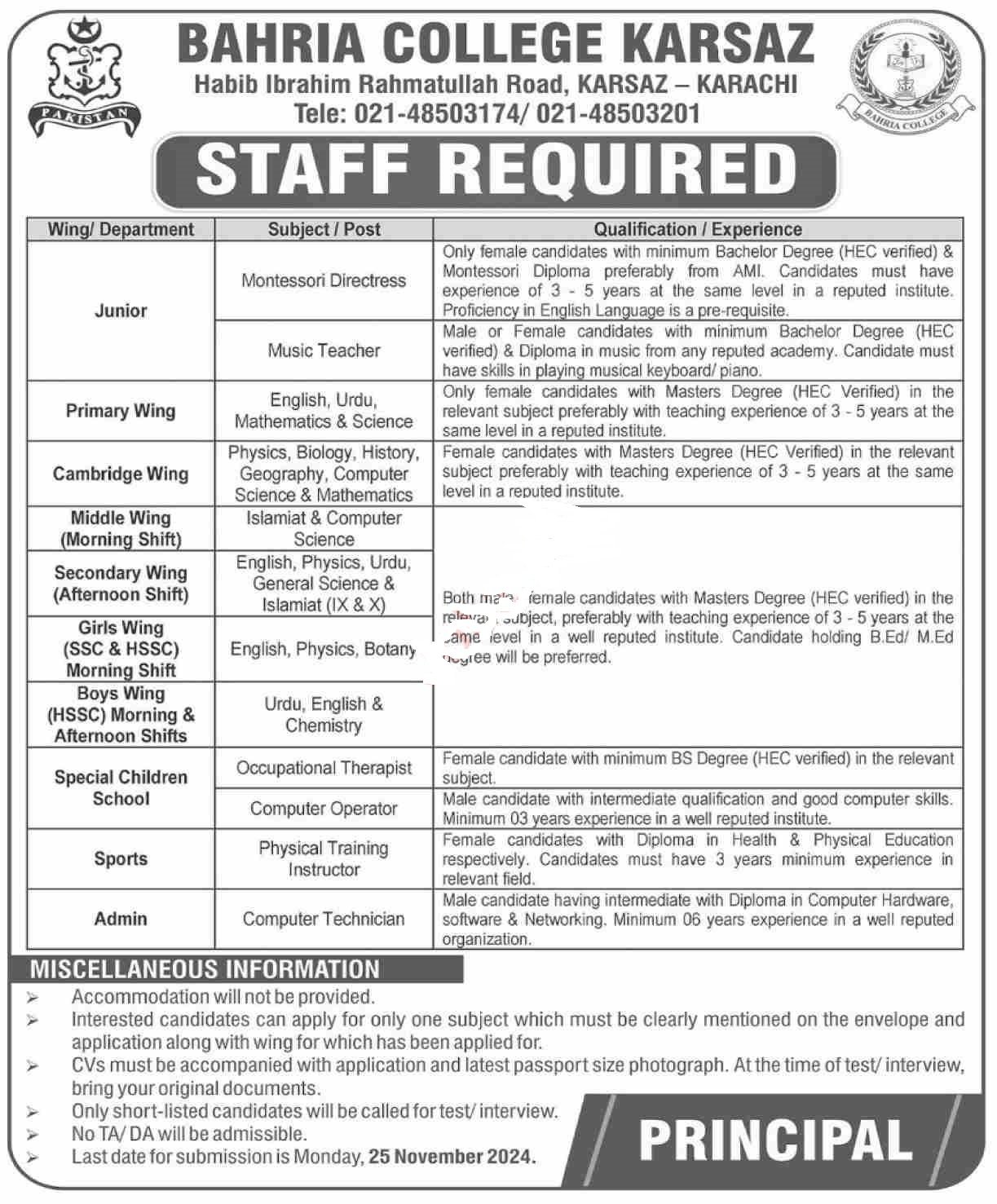 Bahria College Karsaz karachi Jobs 2024 Jobs 2024 — original advertisement