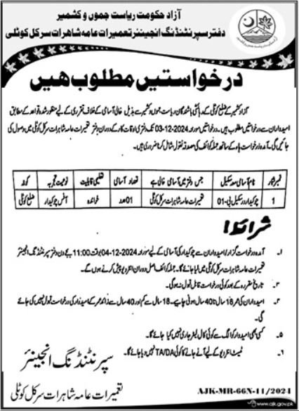 Communication & Works Department Kotli Jobs 2024 – Communication Works Department Muzaffarabad AJ&K Jobs 2024 — original advertisement
