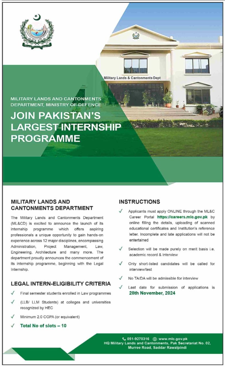 Internship Program in Military  land & Contolnments 2024 – Cantonment Board Jobs 2024 — original advertisement