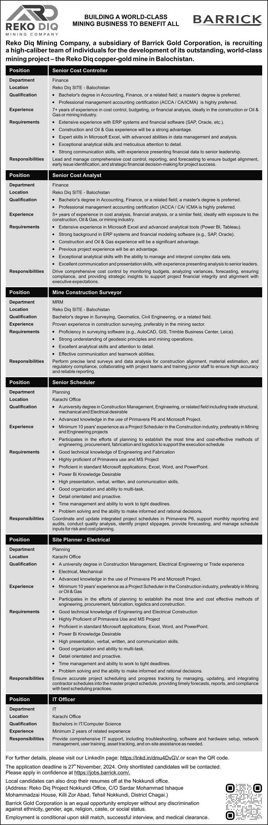 Reko Diq Mining Company Balochistan Jobs 2024 – Barrick Pakistan Jobs 2024 — original advertisement