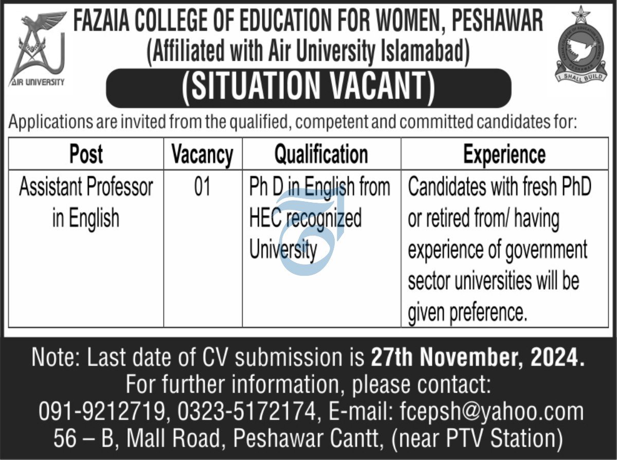 Fazaia College Of Education For Women Peshawar Jobs 2024 – Fazaia Schools & Colleges Jobs 2024 — original advertisement