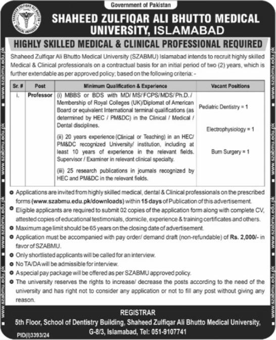 Zulfiqar Ali Bhutto Medical University Islamabad Jobs 2024 – Shaheed Zulfiqar Ali Bhutto Medical University Islamabad Jobs 2024 — original advertisement