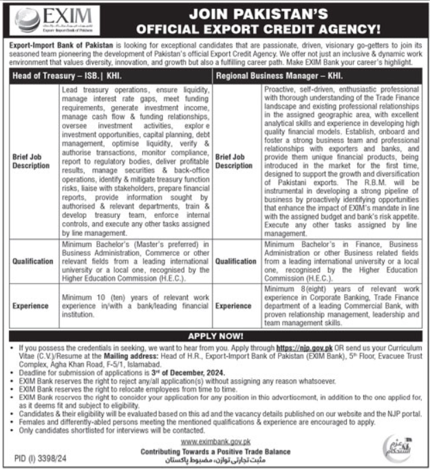 Exim Import Bank Of Pakistan Islamabad Jobs 2024 – EXIM Bank of Pakistan Jobs 2024 — original advertisement