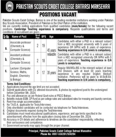 Pakistan Scouts Cadet College Manshera Jobs 2024 – Pakistan Scouts Cadet College Batrasi Mansehra Jobs 2024 — original advertisement