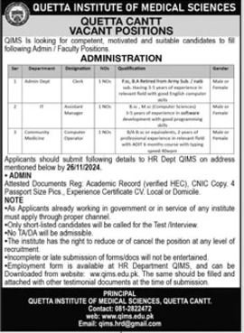 Quetta Institute Of Medical Sciences Quetta Jobs 2024 – Quetta Institute of Medical Sciences QIMS Balochistan Jobs 2024 — original advertisement