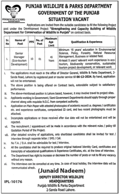 Punjab Wildlife & Parks Department Lahore Jobs 2024 – Forest Wildlife & Fishries Department Punjab Jobs 2024 — original advertisement