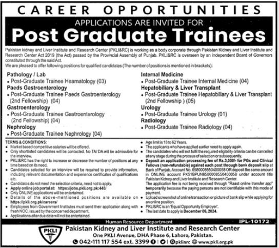 Pakistan Kidney And Liver Institute And Research Centre Jobs – Pakistan Kidney And Liver Institute (PKLI) And Research Centre Lahore Jobs 2024 — original advertisement