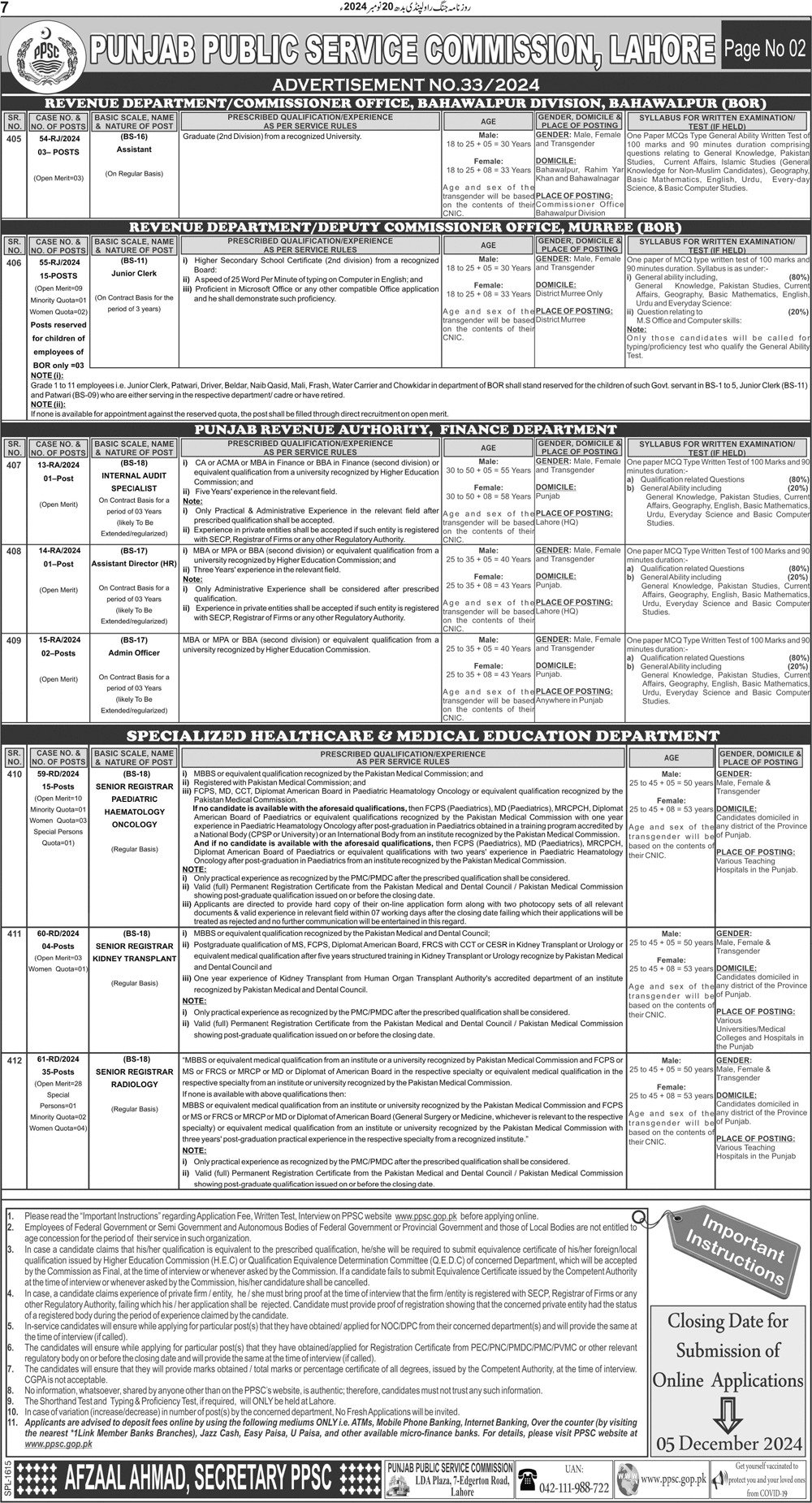 Punjab Public Service Commission PPSC Jobs 33/2024 – Punjab Public Service Commission Lahore Jobs 2024 — original advertisement
