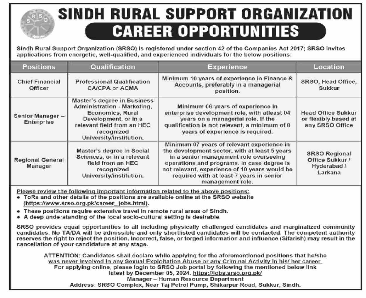 Sindh Rural Support Organization Jobs 2024 – Public Sector Organization Jobs 2024 — original advertisement