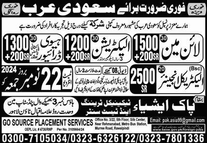 Line Man And Electrical Engineer Jobs In Saudi Arabia – Pak Asia Technical Training Centre Jobs 2024 — original advertisement